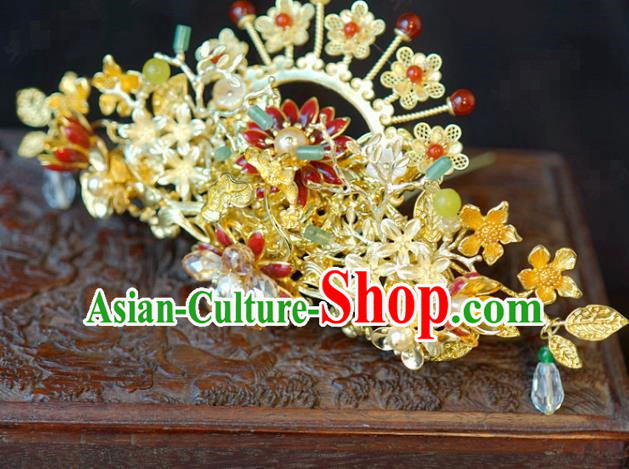 China Bride Hair Crown Hair Accessories Traditional Wedding Xiuhe Suit Red Flower Hairpin