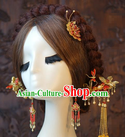 China Traditional Wedding Hair Accessories Ancient Bride Hair Combs and Tassel Hairpins Earrings Full Set