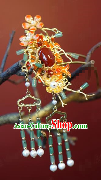China Traditional Jade Tassel Hair Stick Wedding Xiuhe Suit Hair Accessories Bride Plum Blossom Agate Hairpin