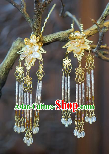 China Traditional Bride Shell Plum Hairpins Wedding Beads Tassel Hair Sticks Xiuhe Suit Hair Accessories Headwear