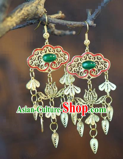 China Traditional Qing Dynasty Jade Bead Ear Jewelry Accessories Top Grade Ancient Queen Golden Lotus Earrings