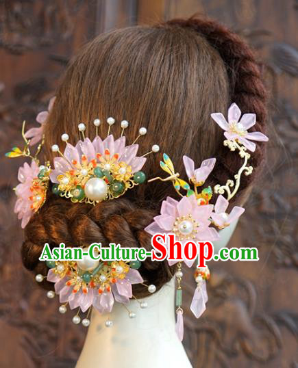 China Traditional Wedding Pink Flower Hair Combs and Hairpins Ancient Bride Hair Accessories Hair Sticks Full Set