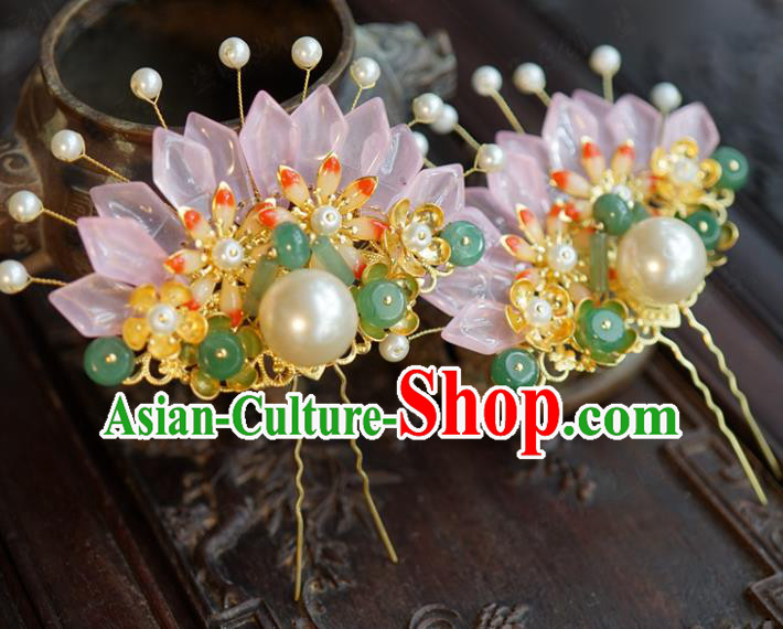 China Ancient Bride Flowers Hair Stick Traditional Xiuhe Suit Hair Accessories Wedding Jade Beads Hairpin