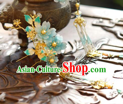 China Wedding Tassel Hairpin Traditional Xiuhe Suit Hair Accessories Ancient Bride Blue Flowers Hair Stick