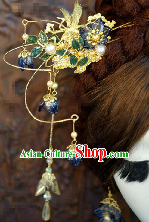 China Ancient Palace Golden Crane Tassel Hairpin Traditional Xiuhe Suit Hair Accessories Wedding Bride Convallaria Hair Stick