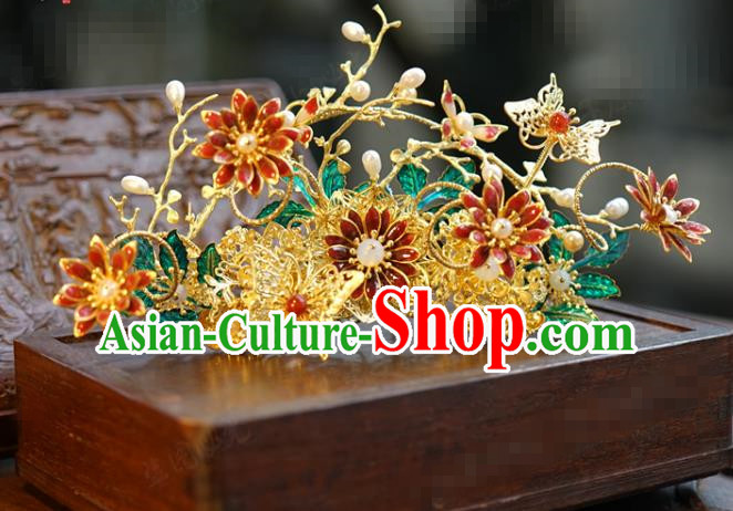 China Ancient Queen Red Flowers Hair Crown Traditional Xiuhe Suit Hair Accessories Wedding Bride Hairpin
