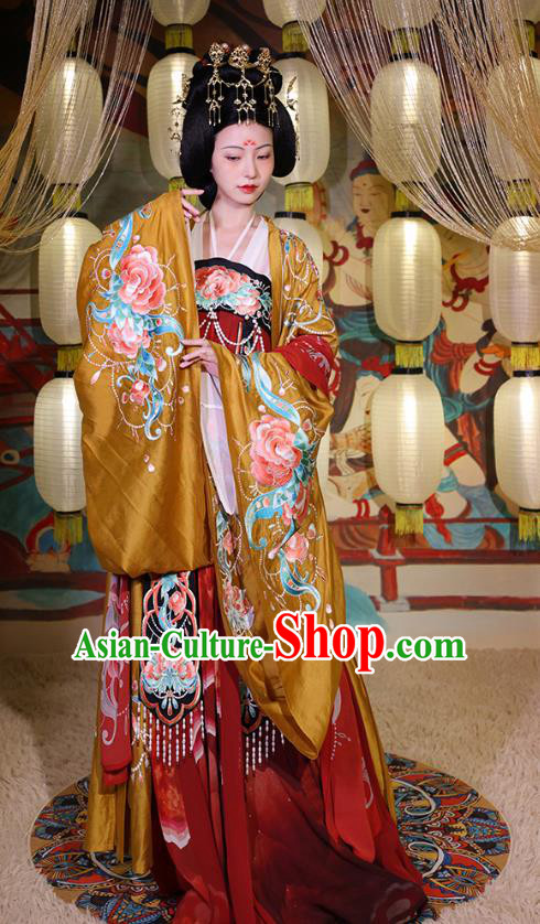 China Tang Dynasty Palace Beauty Yang Yuhuan Embroidered Dress Hanfu Clothing Ancient Imperial Consort Apparels