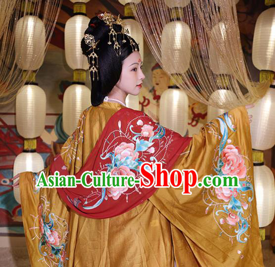 China Tang Dynasty Palace Beauty Yang Yuhuan Embroidered Dress Hanfu Clothing Ancient Imperial Consort Apparels