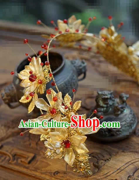 China Ancient Princess Hair Crown Traditional Xiuhe Suit Hair Accessories Wedding Bride Golden Hair Clasp