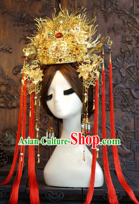 China Traditional Empress Golden Hair Crown Wedding Hanfu Luxury Hair Accessories Ancient Queen Red Tassel Phoenix Coronet