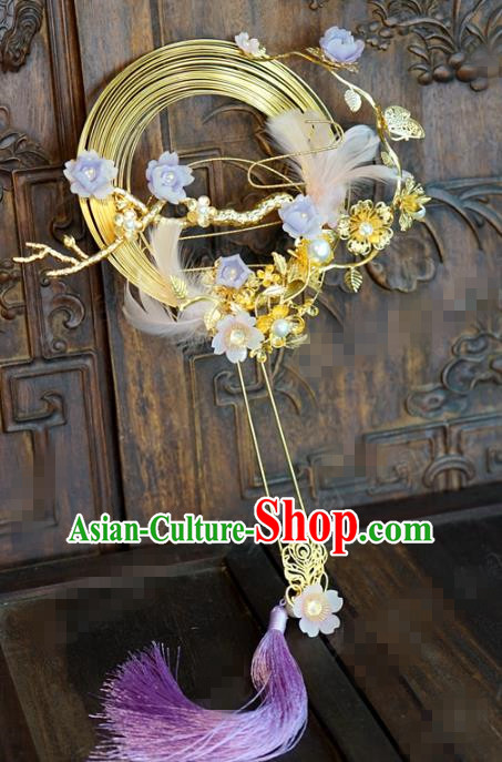 Chinese Traditional Palace Fan Handmade Ancient Wedding Accessories Golden Plum Fan
