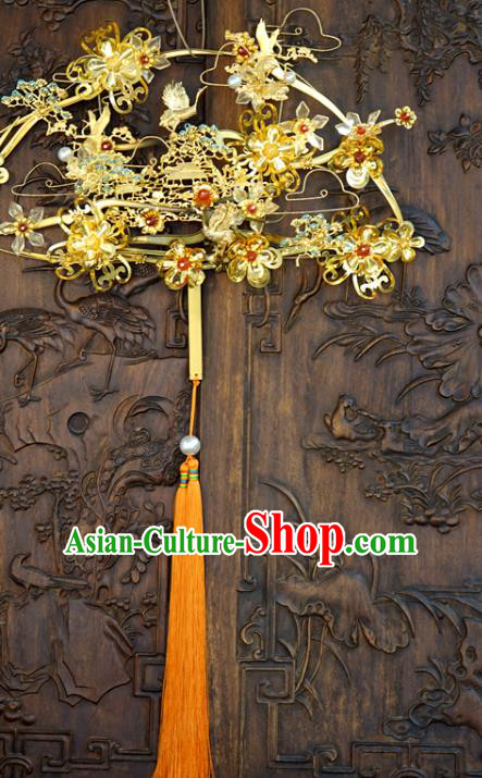 Chinese Traditional Wedding Palace Fan Handmade Ancient Bride Accessories Golden Crane Plum Fan
