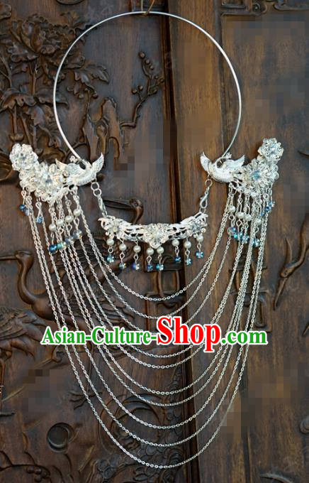 Chinese Handmade Argent Tassel Necklace Traditional Jewelry Accessories Ancient Wedding Bride Phoenix Necklet