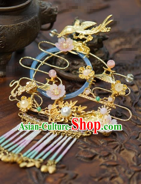 China Ancient Palace Golden Hair Crown Traditional Xiuhe Suit Hair Jewelry Accessories Court Tassel Hairpin