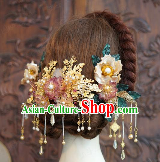 China Ancient Bride Wedding Hair Accessories Traditional Xiuhe Suit Tassel Hairpins Hair Sticks Flowers Hair Comb Full Set