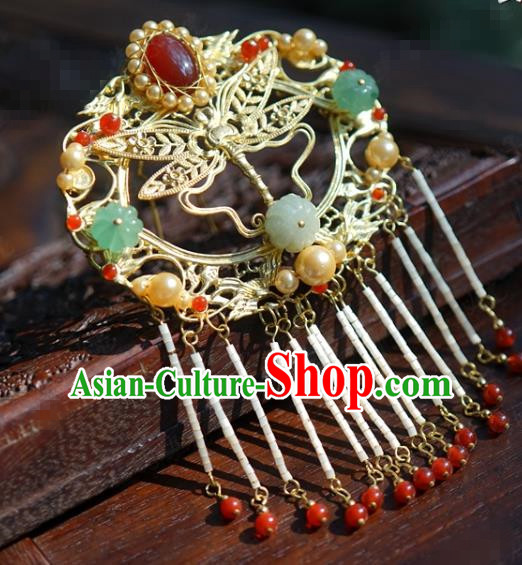 China Ancient Palace Golden Dragonfly Hairpin Traditional Xiuhe Suit Hair Jewelry Accessories Wedding Red Beads Tassel Hair Comb
