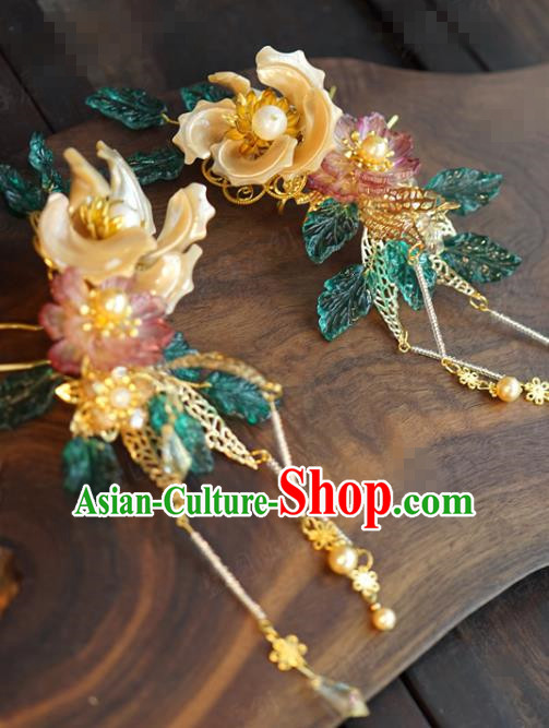 China Ancient Bride Tassel Hair Clips Traditional Xiuhe Suit Hair Accessories Wedding Shell Flower Hairpins