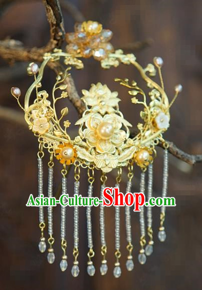 China Wedding Back Golden Plum Hair Clip Traditional Xiuhe Suit Hair Accessories Ancient Bride Beads Tassel Hairpin