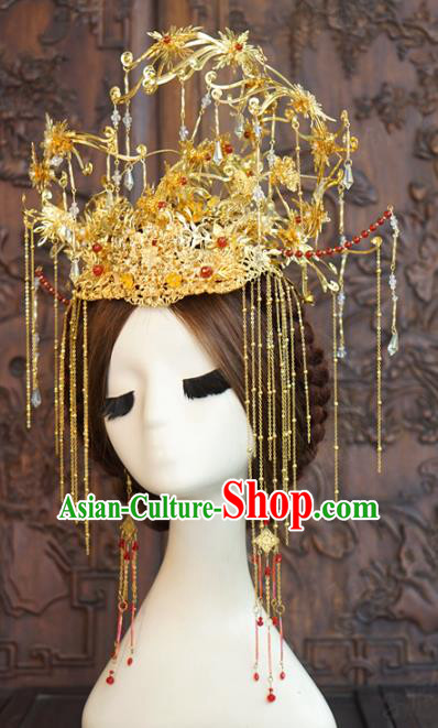 China Ancient Bride Tassel Hair Crown Wedding Hair Accessories Traditional Xiuhe Suit Golden Phoenix Coronet