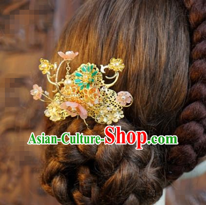 China Ancient Bride Golden Hair Comb Traditional Xiuhe Suit Hair Accessories Wedding Hairpin