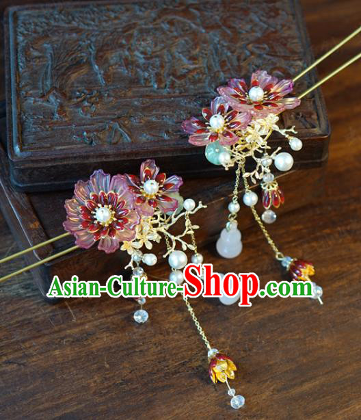 China Wedding Red Flowers Hairpin Traditional Xiuhe Suit Hair Jewelry Accessories Ancient Hanfu White Chalcedony Gourd Hair Stick