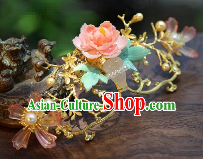 China Wedding White Chalcedony Gourd Hair Crown Traditional Xiuhe Suit Hair Jewelry Accessories Ancient Hanfu Flower Hairpin
