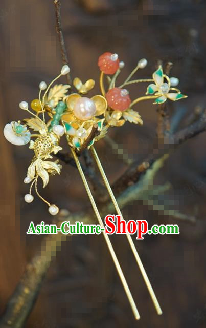 China Hanfu Jade Pumpkin Hair Stick Ancient Traditional Xiuhe Suit Hair Jewelry Accessories Goldfish Hairpin