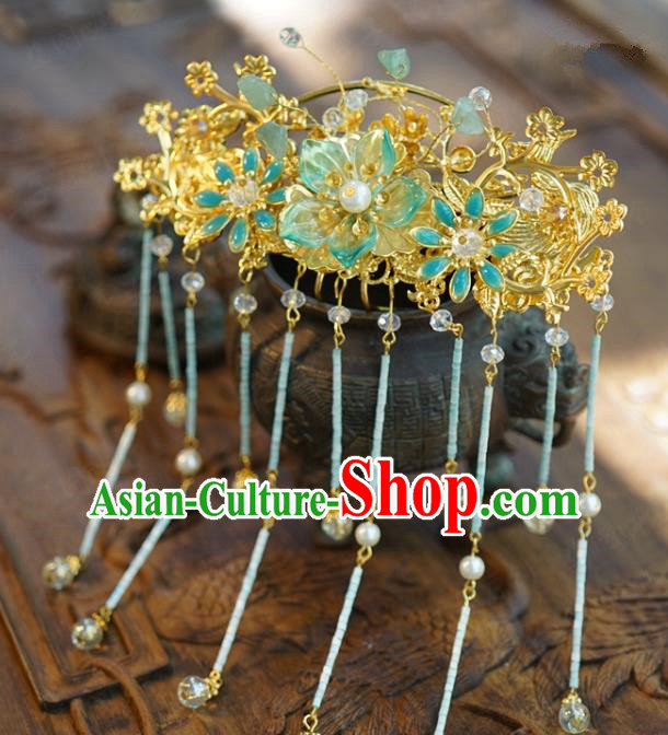 China Ancient Golden Tassel Step Shake Palace Hairpin Traditional Xiuhe Suit Hair Jewelry Accessories Back Hair Comb