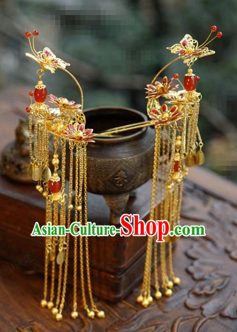 China Ancient Palace Hairpin Traditional Xiuhe Suit Hair Jewelry Accessories Golden Butterfly Hair Stick Tassel Step Shake
