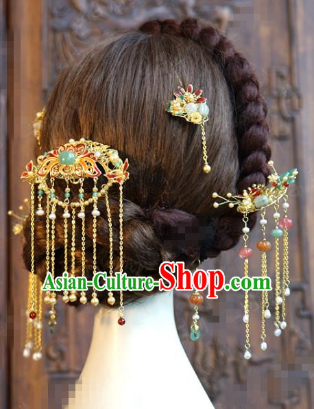 China Ancient Bride Cloisonne Lotus Tassel Hair Crown and Hairpins Traditional Hair Accessories Wedding Xiuhe Suit Headpieces