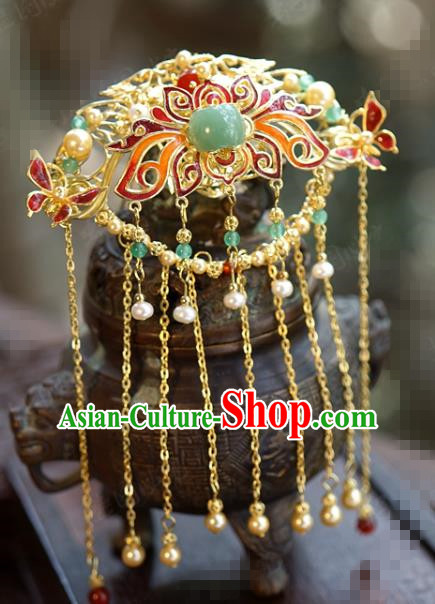 China Ancient Court Cloisonne Lotus Hair Crown Traditional Xiuhe Suit Hair Jewelry Accessories Palace Golden Tassel Hairpin
