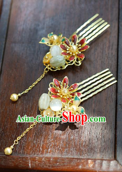 China Ancient Golden Hair Combs Traditional Xiuhe Suit Hair Jewelry Accessories Court Jade Bead Hairpins