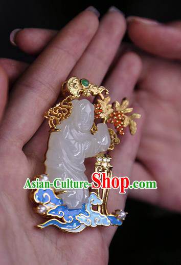 China Classical Cheongsam Gilding Brooch Traditional Handmade Hetian White Jade Child Breastpin
