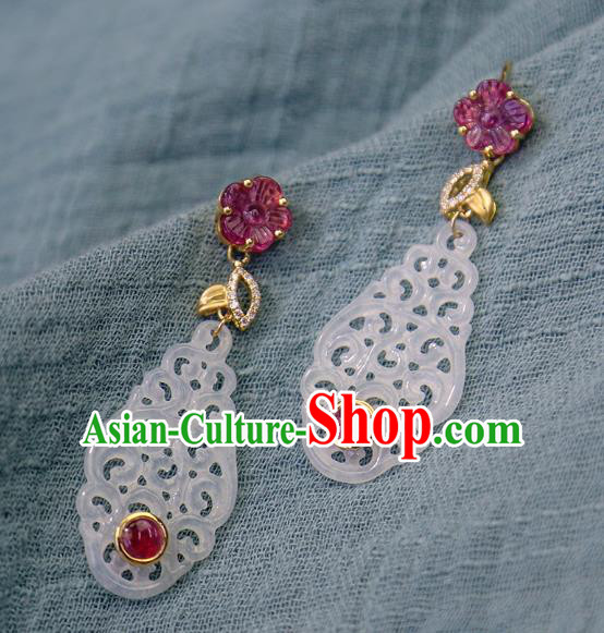 Top Grade Chinese Traditional Classical Tourmaline Earrings Handmade Ear Jewelry Qing Dynasty Court White Jade Accessories