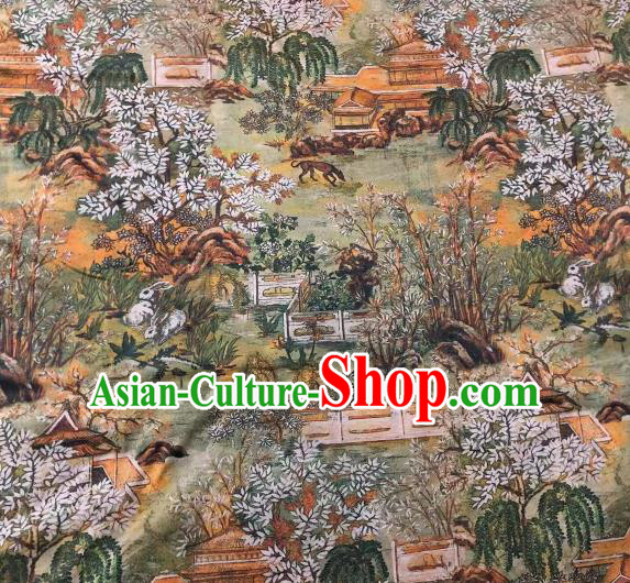 Chinese Classical Landscape Architecture Pattern Design Gambiered Guangdong Gauze Fabric Asian Traditional Cheongsam Silk Material