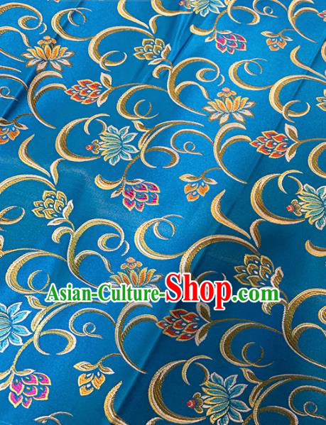 Chinese Classical Twine Lotus Pattern Design Blue Brocade Fabric Asian Traditional Satin Tang Suit Silk Material