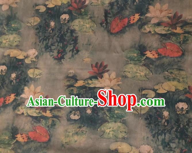 Chinese Classical Water Lily Pattern Design Grey Gambiered Guangdong Gauze Fabric Asian Traditional Cheongsam Silk Material
