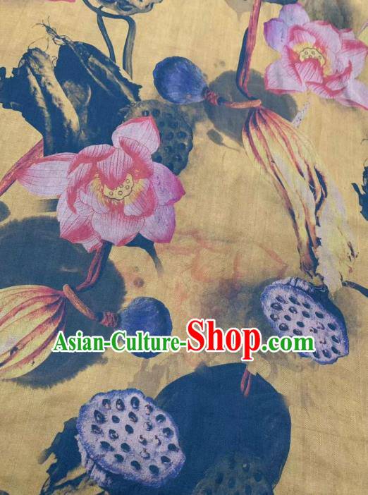 Chinese Classical Lotus Pattern Design Yellow Gambiered Guangdong Gauze Fabric Asian Traditional Cheongsam Silk Material