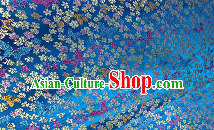 Chinese Classical Butterfly Plum Pattern Design Blue Brocade Fabric Asian Traditional Satin Tang Suit Silk Material
