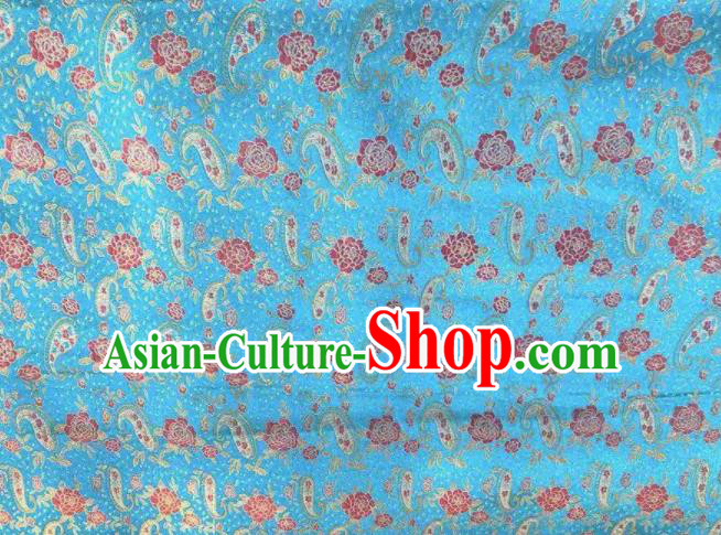 Chinese Classical Loquat Flower Pattern Design Blue Brocade Fabric Asian Traditional Satin Silk Material
