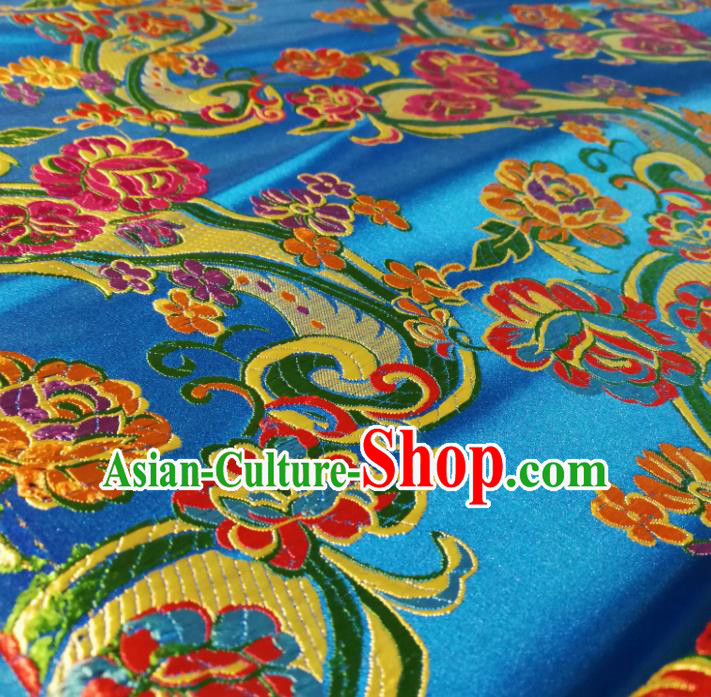 Chinese Royal Loquat Flower Pattern Design Blue Nanjing Brocade Fabric Asian Traditional Satin Silk Material