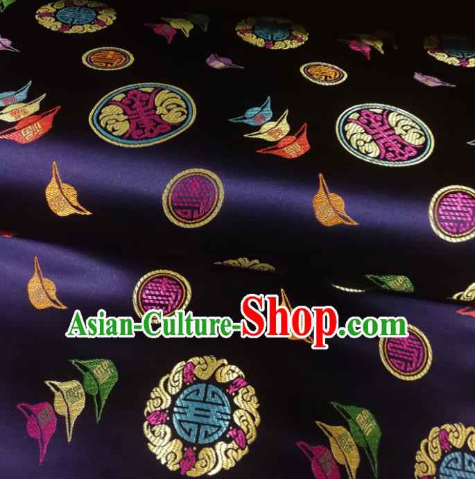Chinese Royal Ingot Pattern Design Navy Brocade Fabric Asian Traditional Satin Silk Material