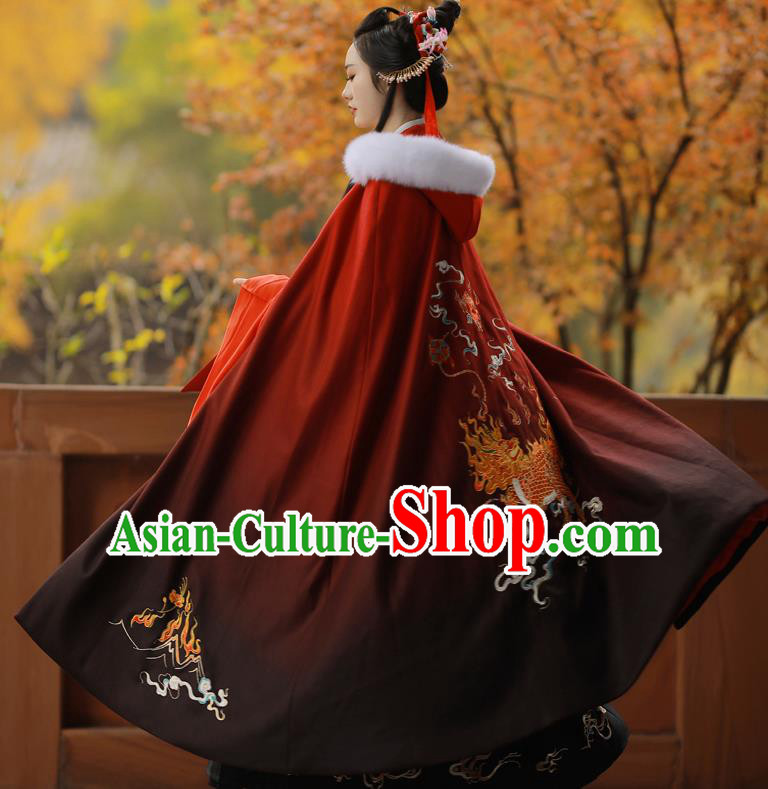 Chinese Ancient Princess Embroidered Kylin Red Cloak Traditional Ming Dynasty Court Lady Costume for Women