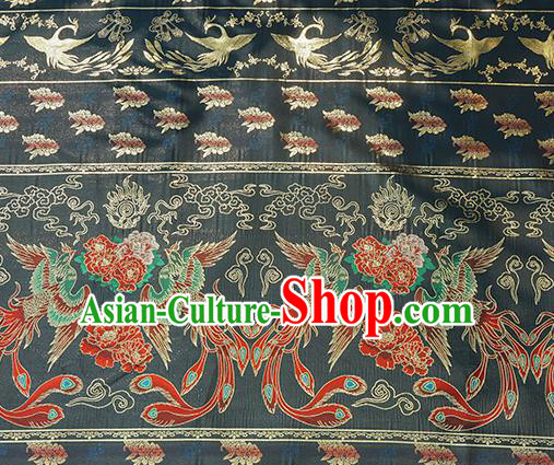 Chinese Royal Phoenix Peony Pattern Design Navy Brocade Fabric Asian Traditional Horse Face Skirt Satin Silk Material
