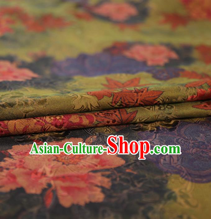 Chinese Classical Peony Maple Leaf Pattern Design Olive Green Gambiered Guangdong Gauze Fabric Asian Traditional Cheongsam Silk Material