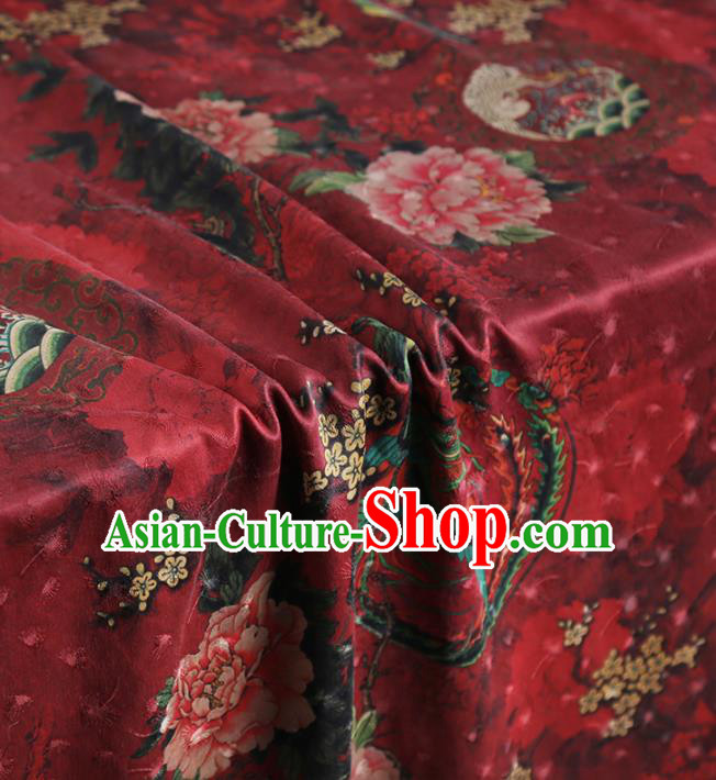 Chinese Classical Peony Plum Pattern Design Purplish Red Gambiered Guangdong Gauze Fabric Asian Traditional Cheongsam Silk Material