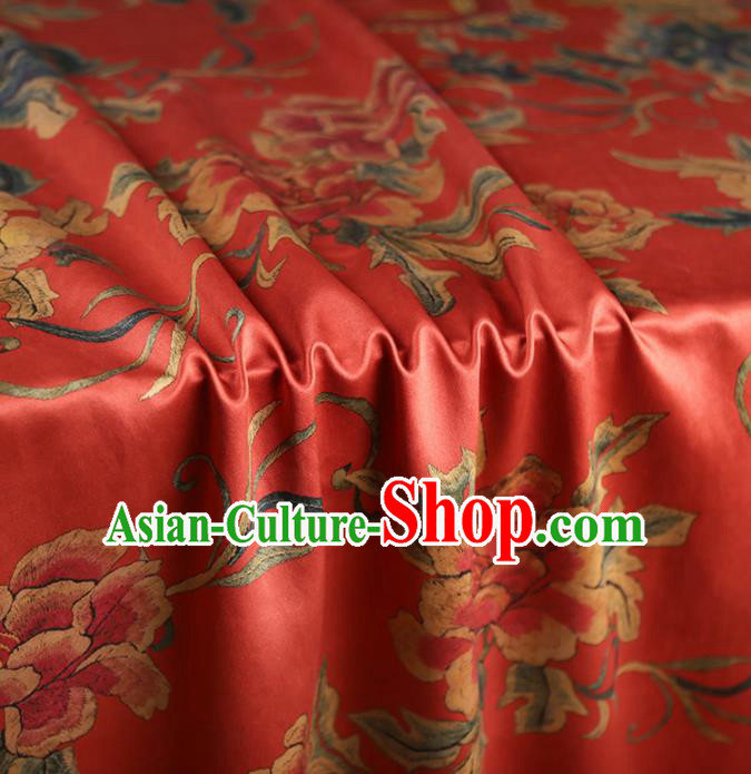 Chinese Classical Printing Peony Pattern Design Watermelon Red Gambiered Guangdong Gauze Fabric Asian Traditional Cheongsam Silk Material