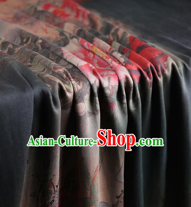 Chinese Classical Printing Peony Pattern Design Dark Green Gambiered Guangdong Gauze Fabric Asian Traditional Cheongsam Silk Material
