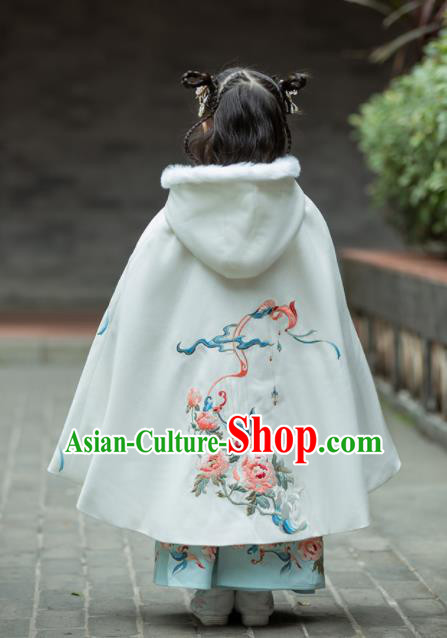 Chinese Traditional Girls Embroidered Peony White Cloak Costumes Ancient Ming Dynasty Princess Costume for Kids