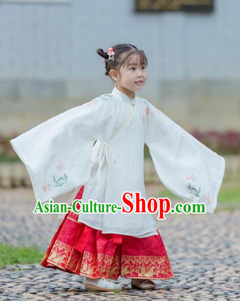 Chinese Traditional Girls Embroidered White Gown and Red Skirt Ancient Ming Dynasty Princess Costume for Kids